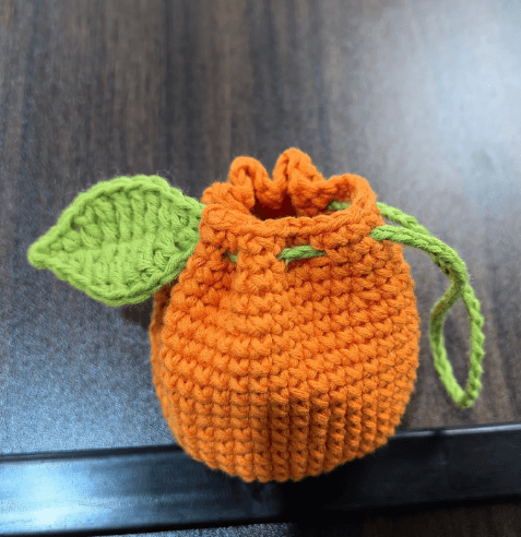 Beginner free crochet Orange Bag pouch in orange yarn with green leaf and drawstring — crochet gallery finish