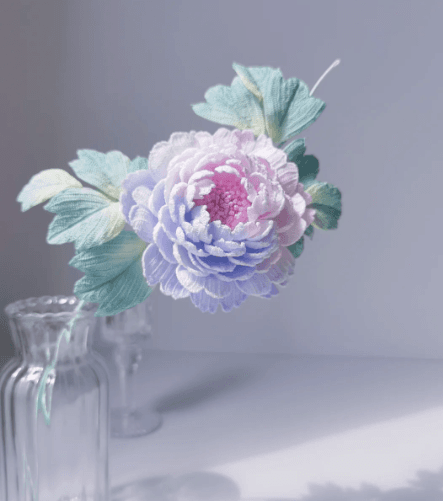 Soft purple Peony micro crochet bloom in a clear vase — crochet flower pattern lookbook