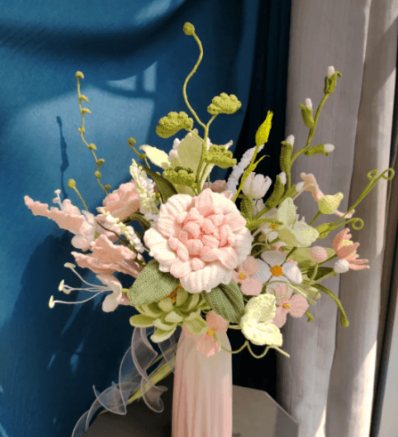 Peony Bouquet lace-thread arrangement with pink peony, daisies, and foliage in a pink vase — crochet flower gallery