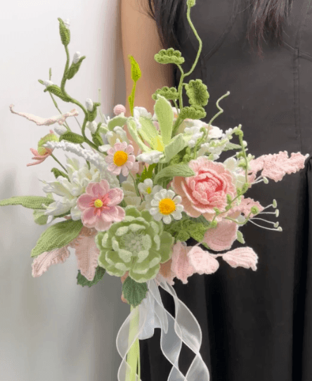 Hand-held Peony Bouquet with pastel blooms and ribbon — forever flower crochet arrangement on crochet
