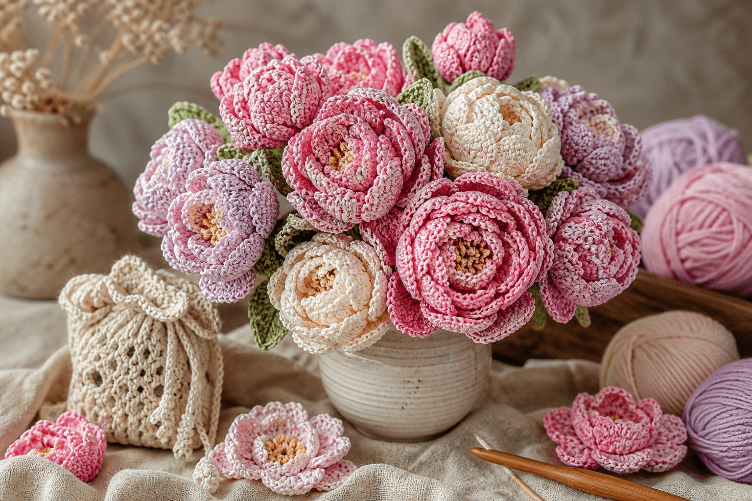 Crochet flowers bouquet and yarn — crochet patterns and crocheting inspiration
