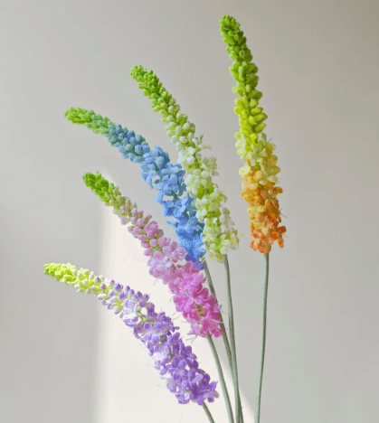 Handmade micro crochet Pseudolysimachion spicatum spiked speedwell stems with lime-green tips fading into pink, purple, blue, cream, and orange blooms