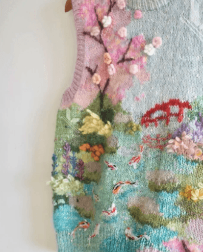 Detail of landscape Knitwear vest showing blossom and bridge motifs from the crochet jersey patterns collection
